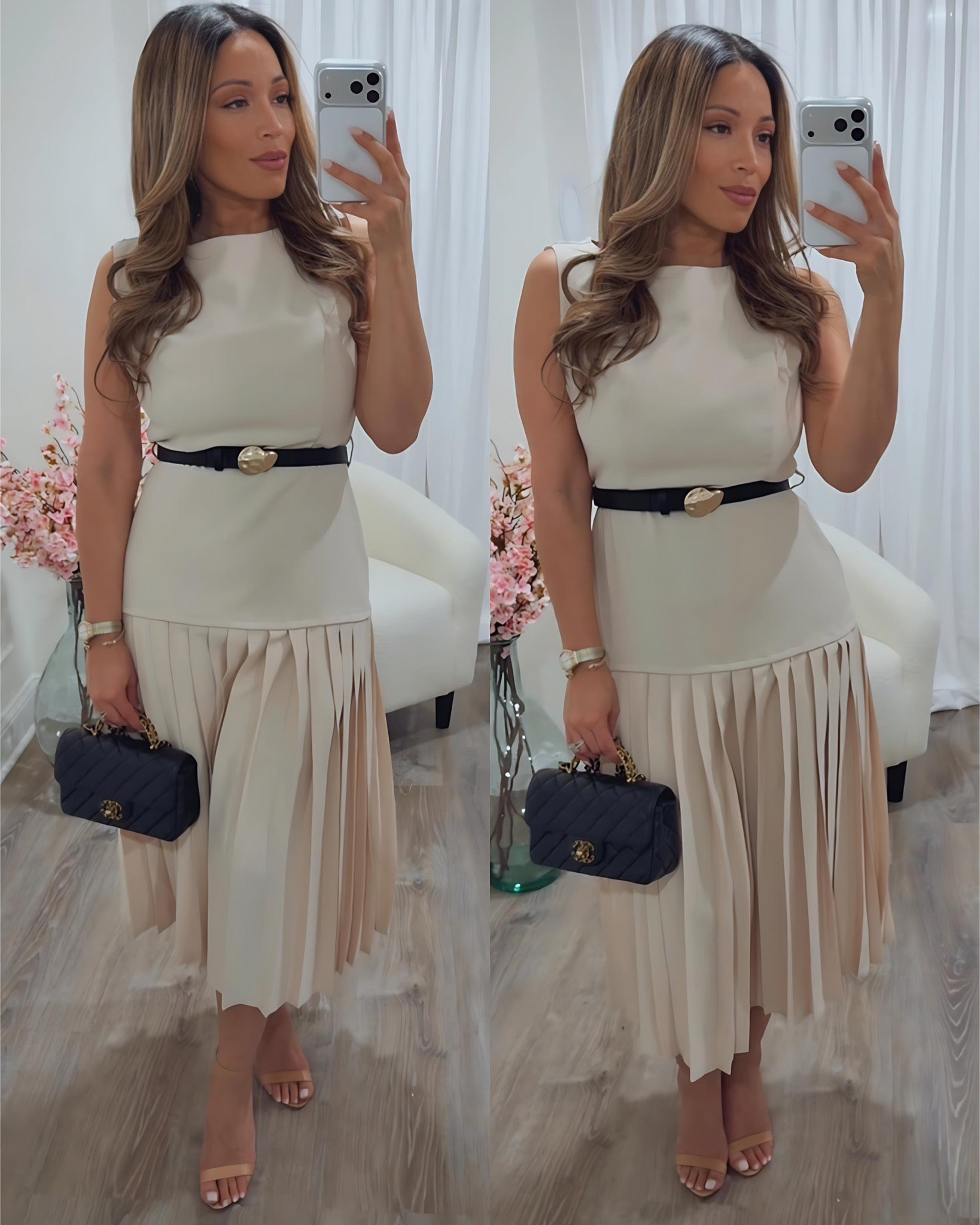 REINA BELTED MIDI DRESS- TAUPE