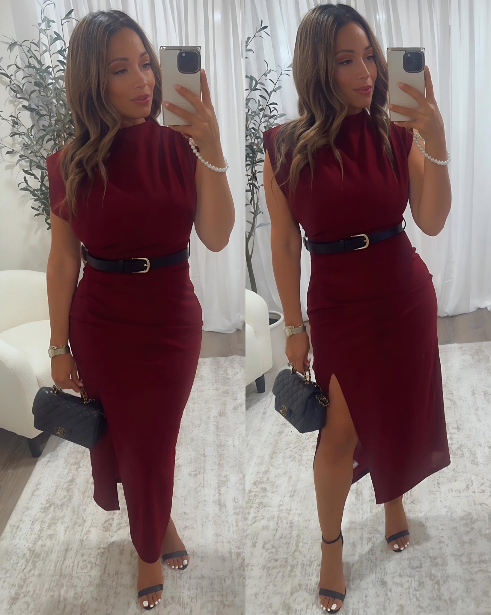 woman's belted wine midi dress