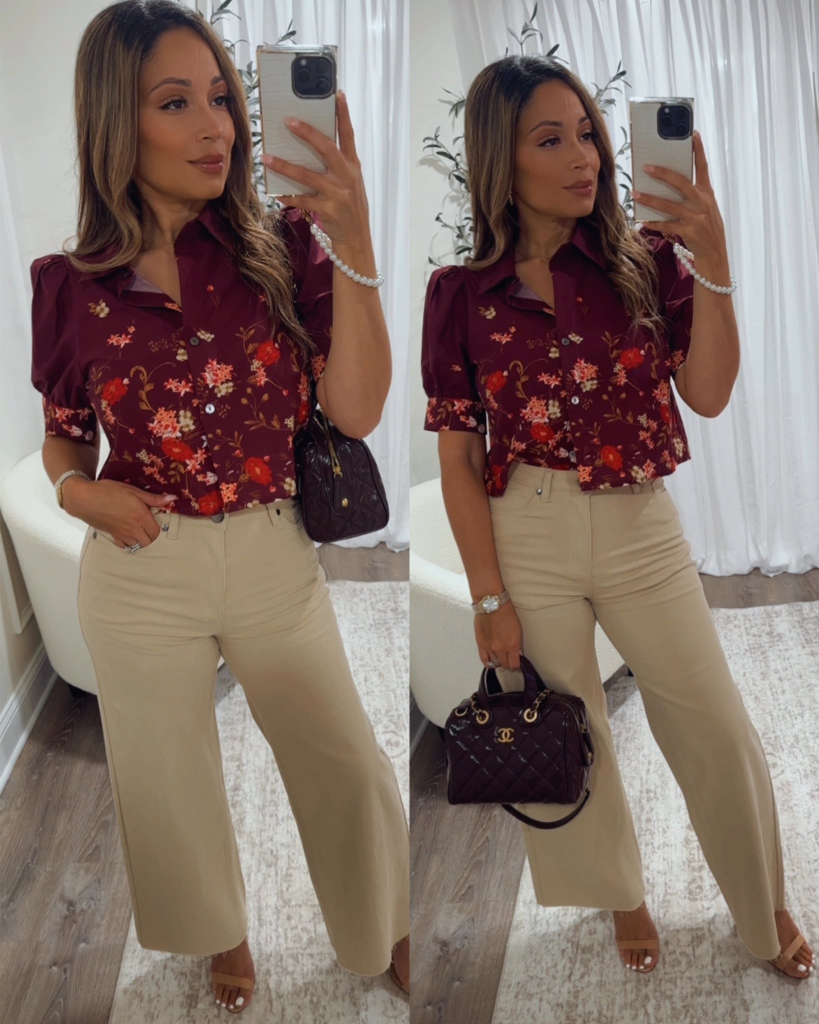 woman's buttoned floral burgundy top