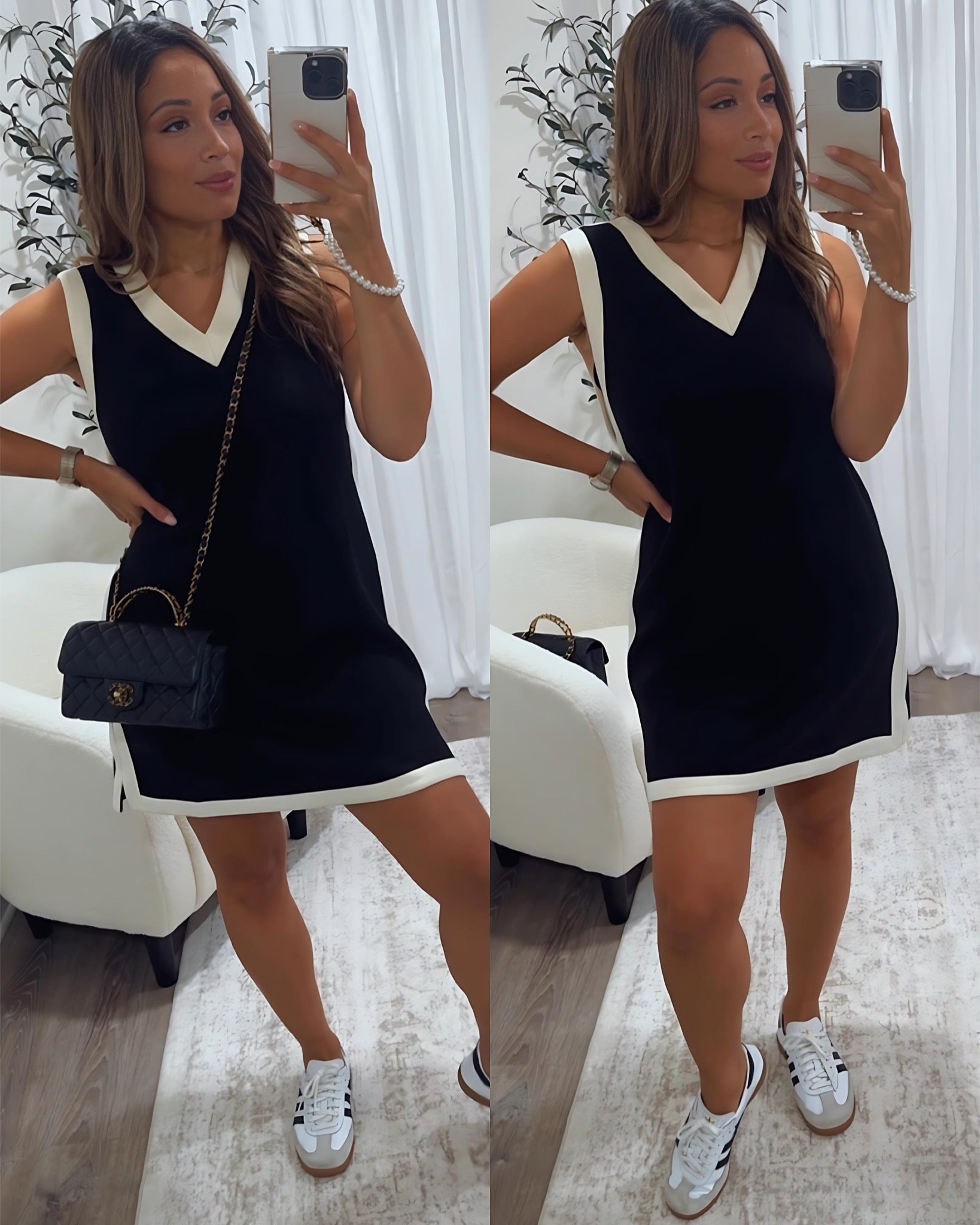 woman's v-neck varsity pullover dress