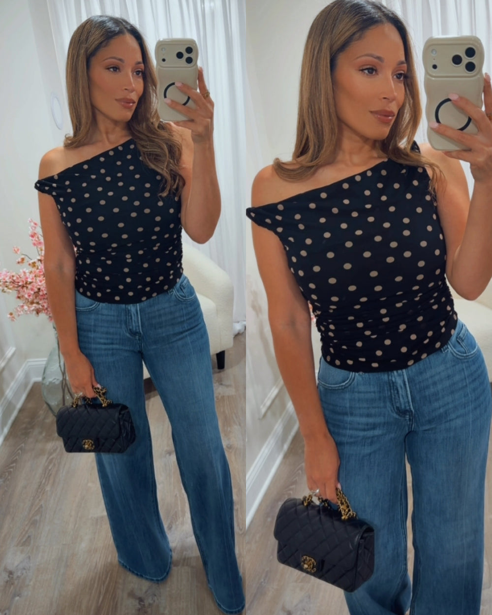COCKTAIL TWIST POLKA DOT KNIT TOP- BLACK