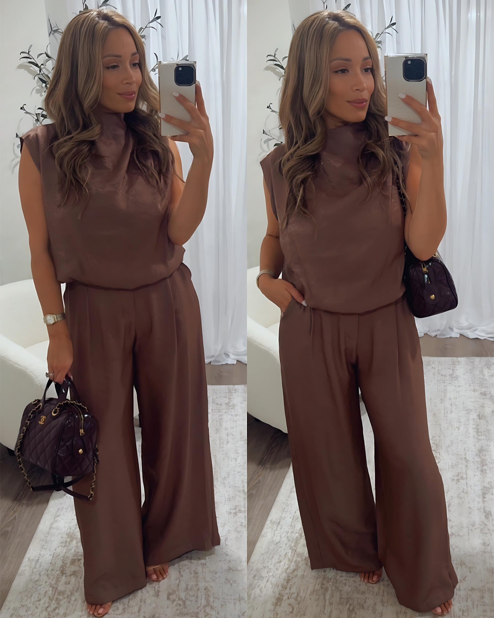 woman's brown pants set