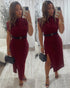 woman's belted wine midi dress