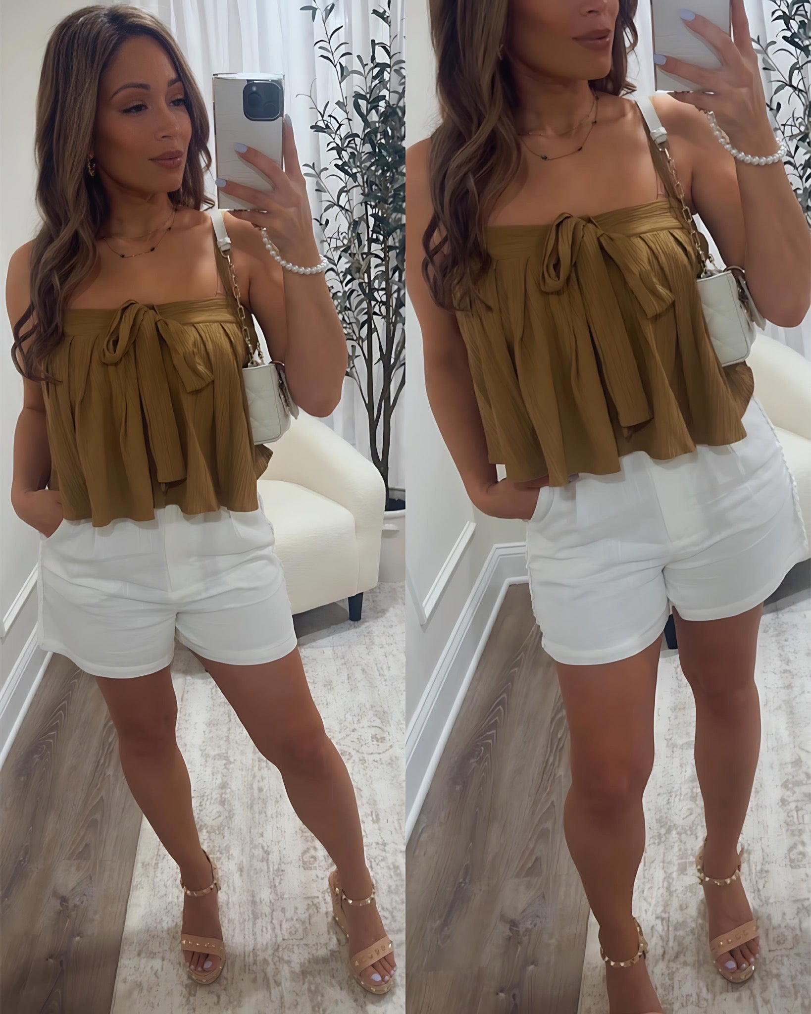 woman's Crinkled Tie Flared Cami Top