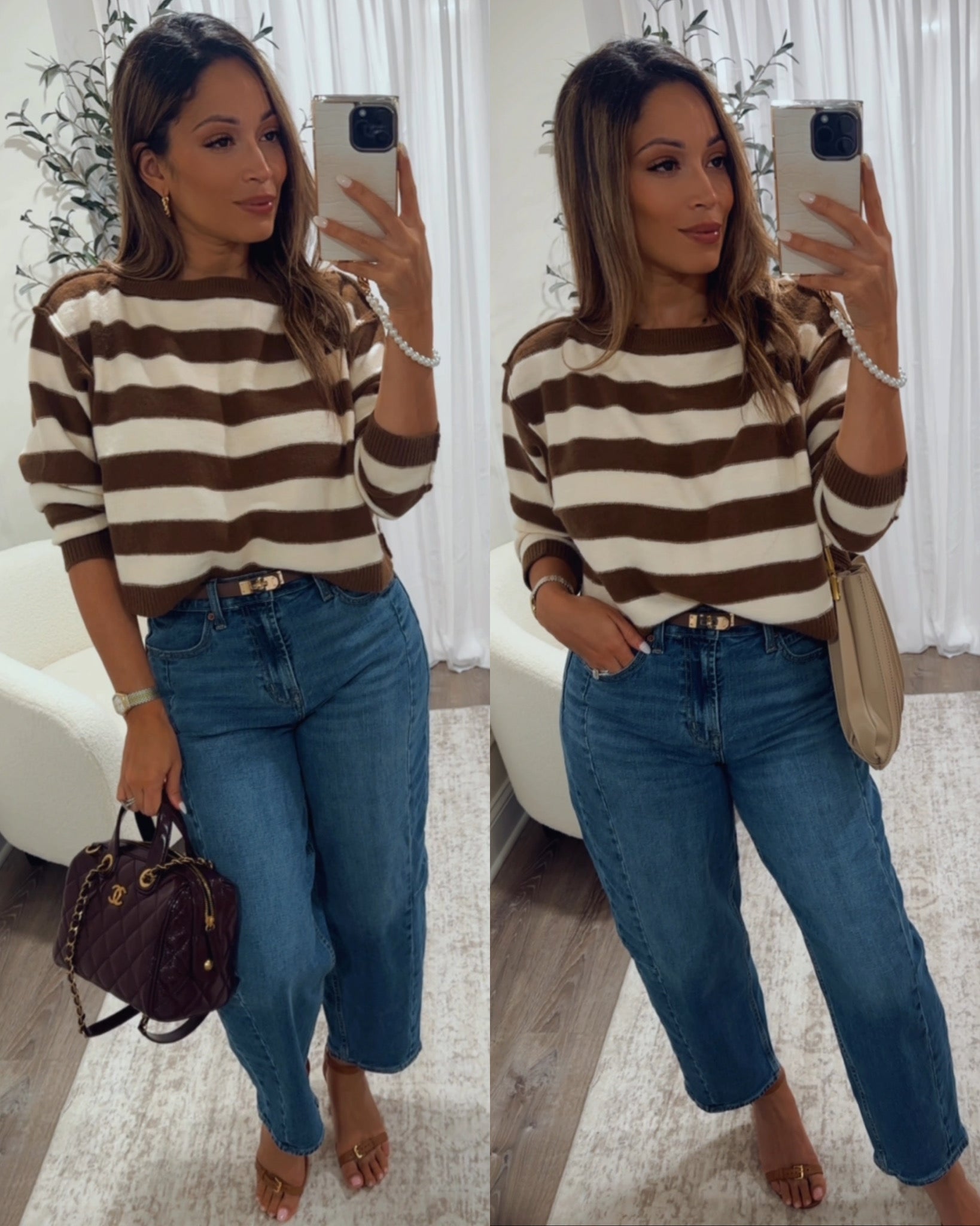 woman's striped brown sweater