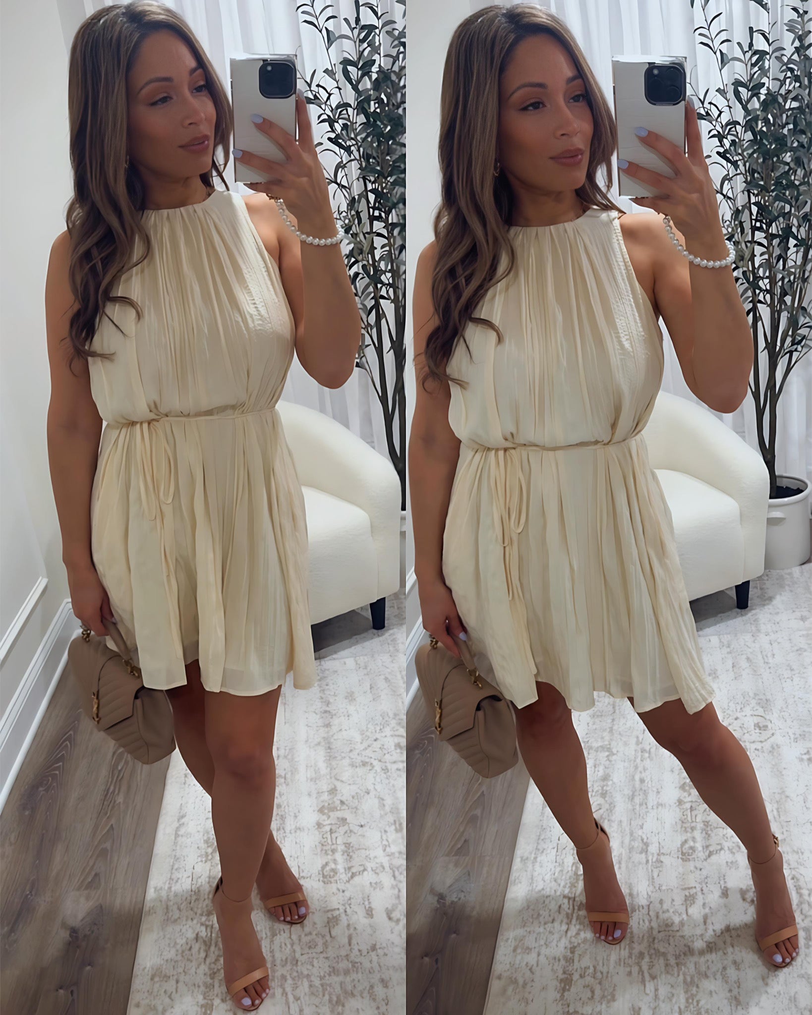 woman's pleated cream dress