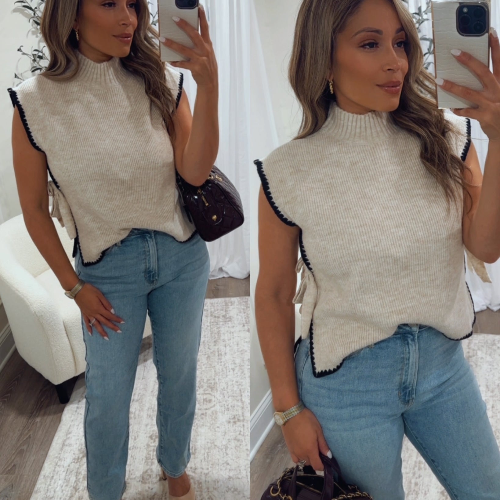 woman's mock neck oatmeal sweater