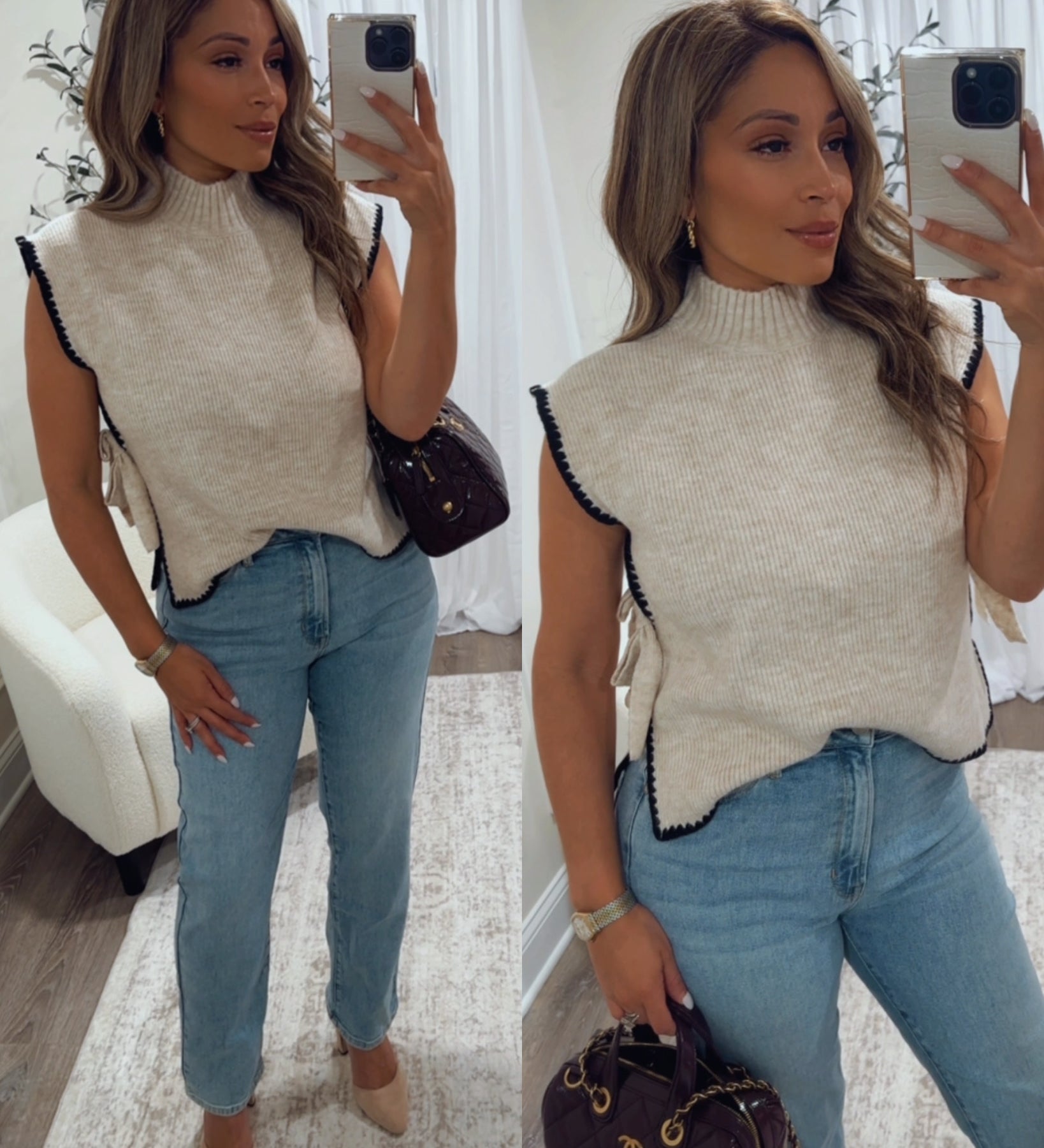 woman's mock neck oatmeal sweater