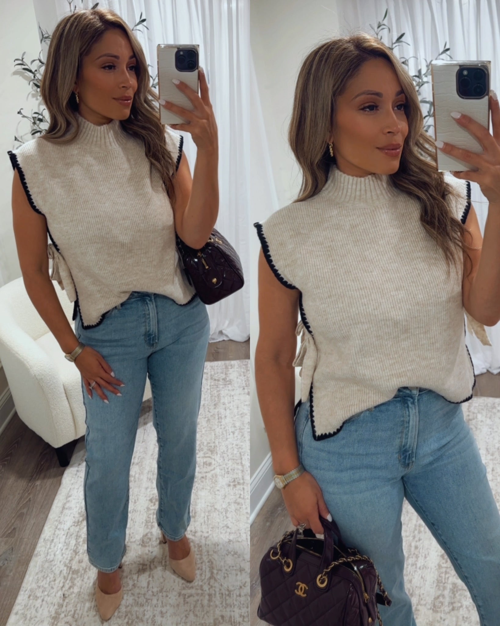 woman's mock neck oatmeal sweater