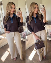 CONTRAST DENIM COLLAR PULLOVER