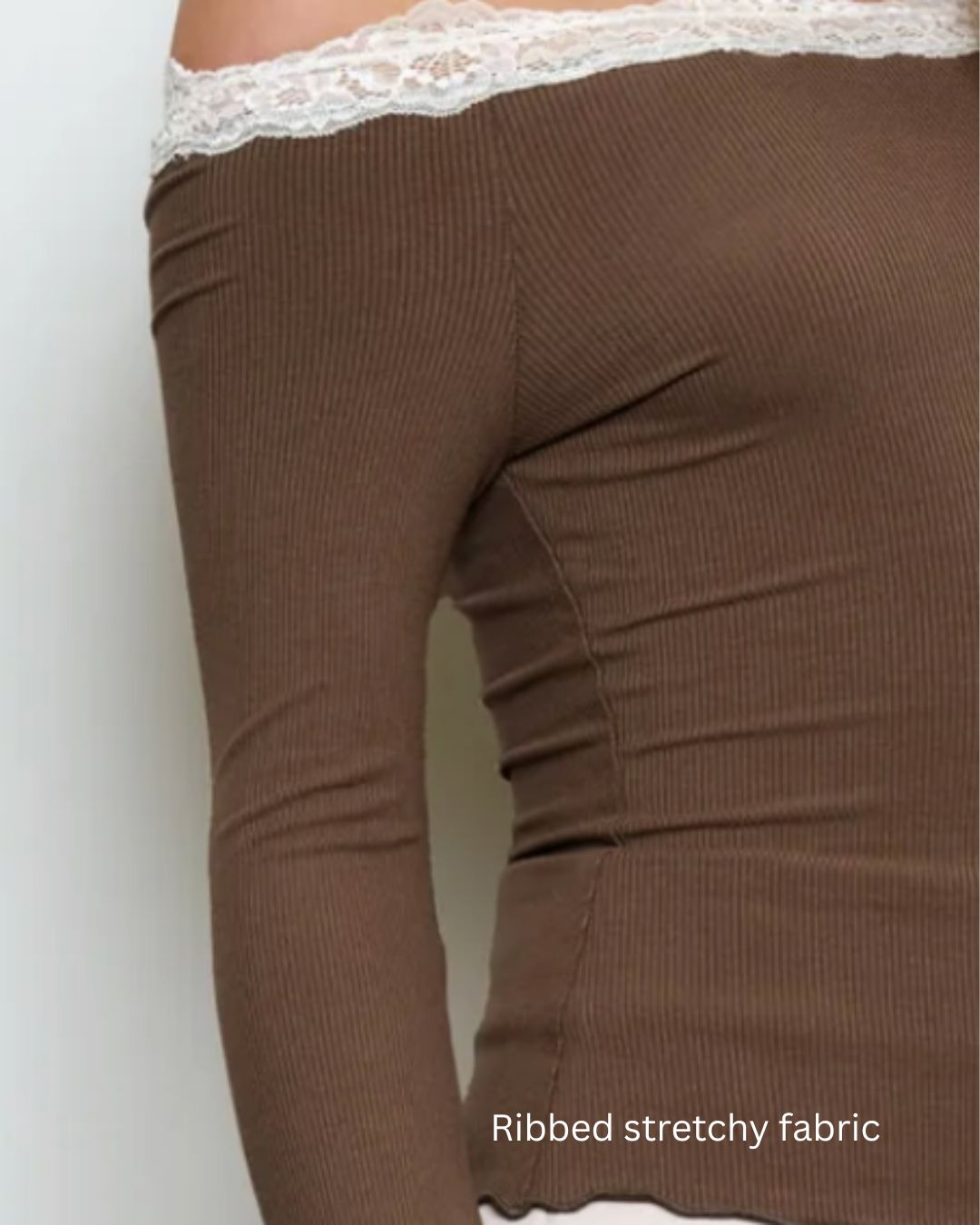 LIA LACE TRIM OFF SHOULDER TOP-BROWN