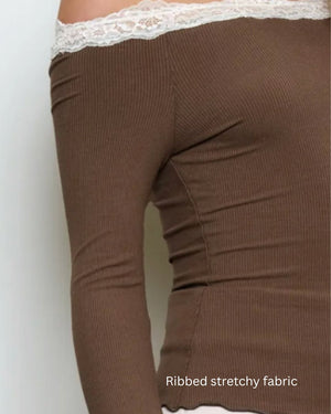 LIA LACE TRIM OFF SHOULDER TOP-BROWN