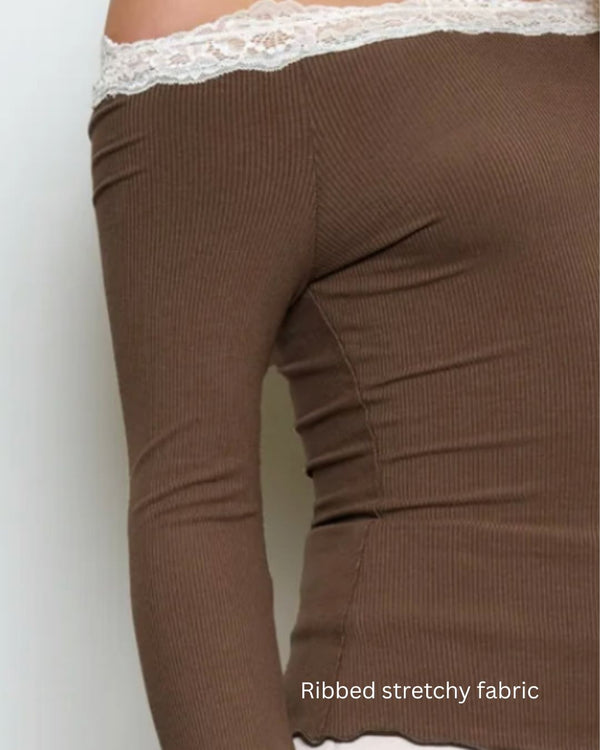 LIA LACE TRIM OFF SHOULDER TOP-BROWN