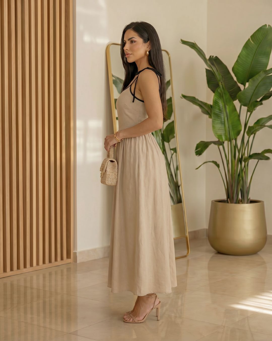 ARIA CONTRAST MIX MEDIA MIDI DRESS