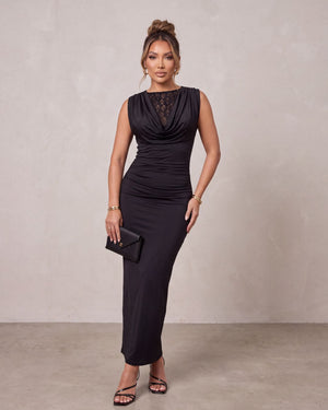Cowl Neck Lace Detail Ruched Midi Dress


