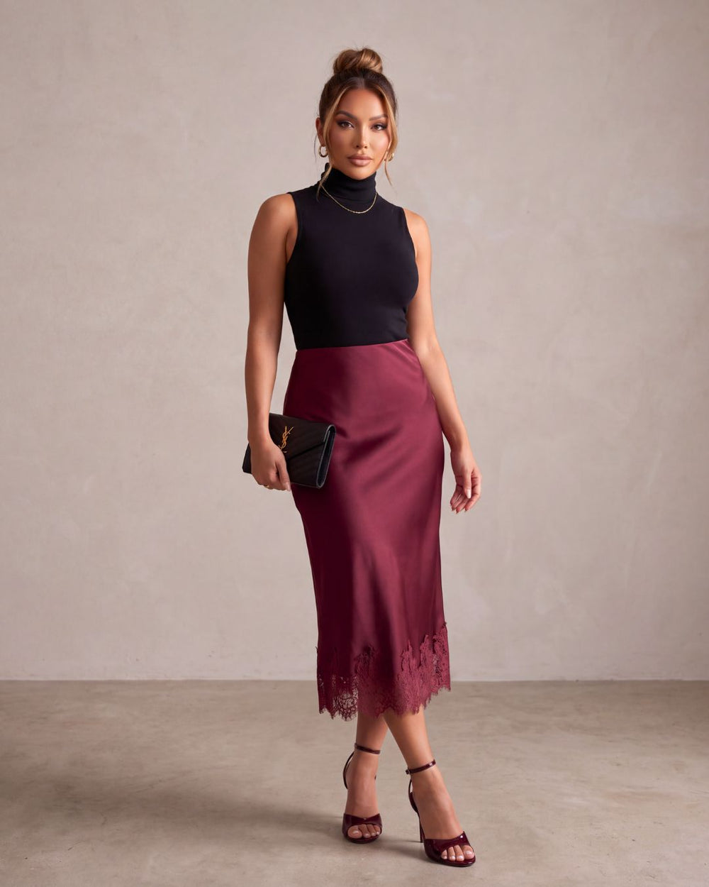 GABRIELA SATIN LACE MIDI SKIRT