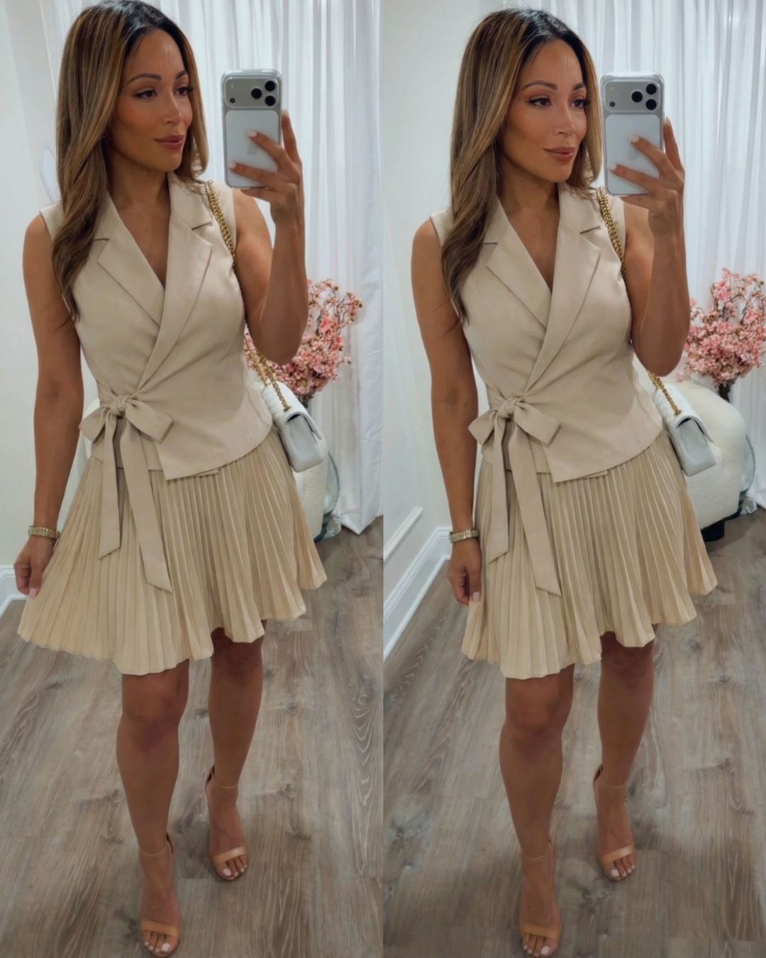 POLLY PLEATED MINI DRESS-NATURAL