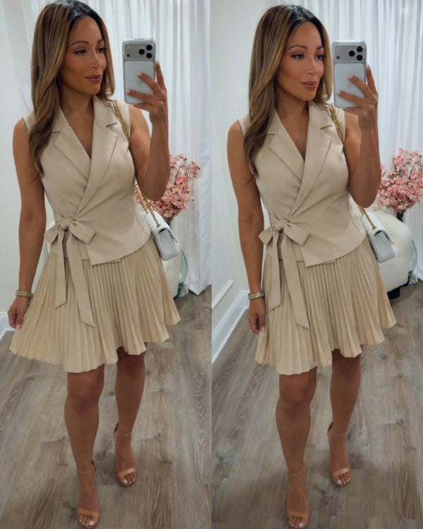 POLLY PLEATED MINI DRESS-NATURAL