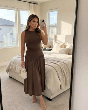 brown ruched midi dress
