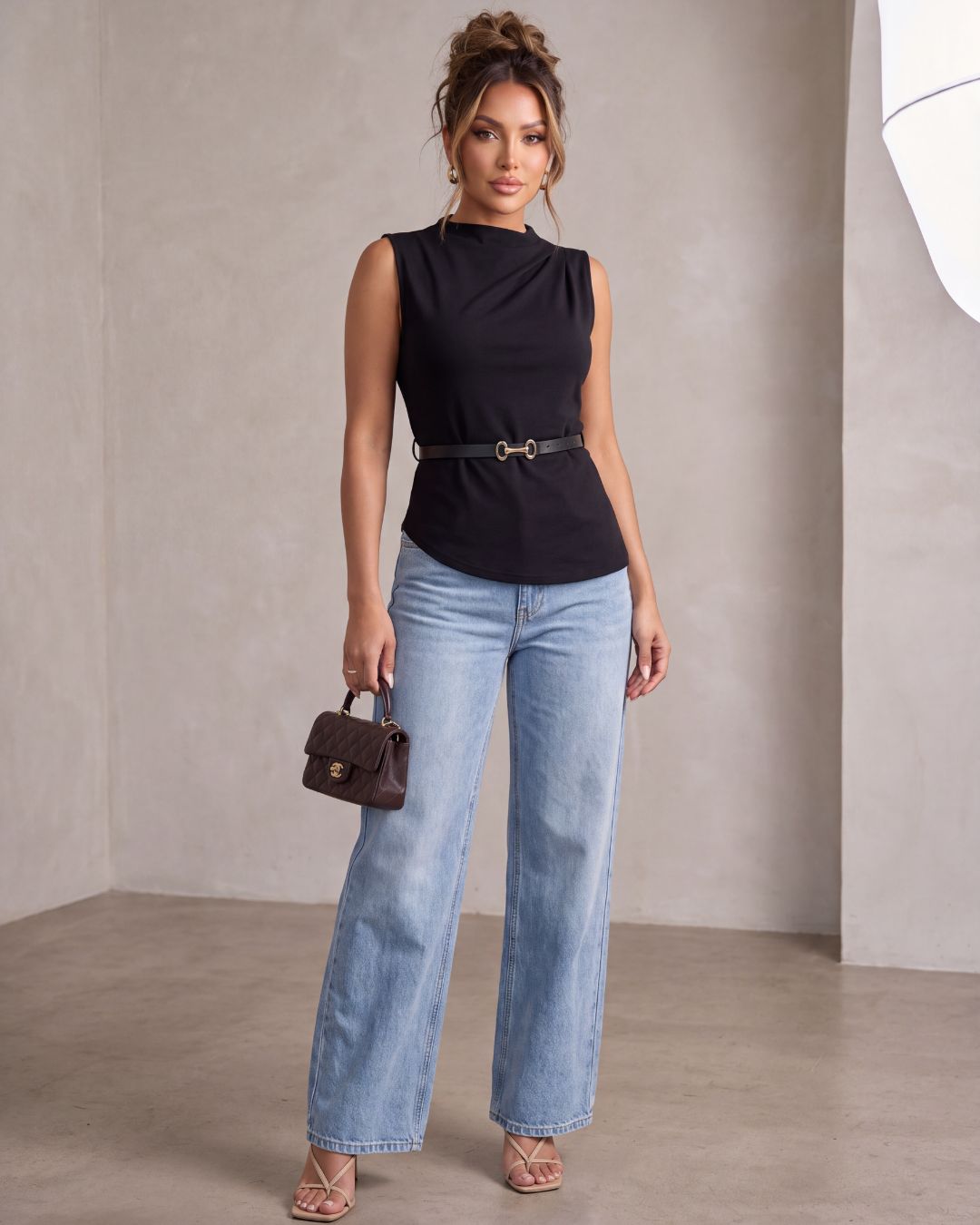 Sleeveless High Neck Belted Asymmetrical Hem Top
