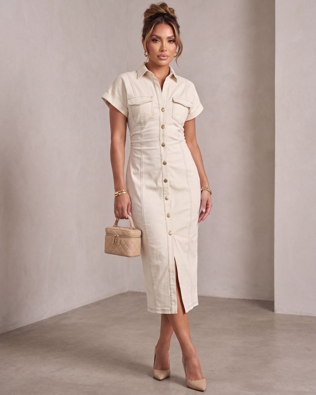 FLOR BUTTON DOWN MIDI DRESS