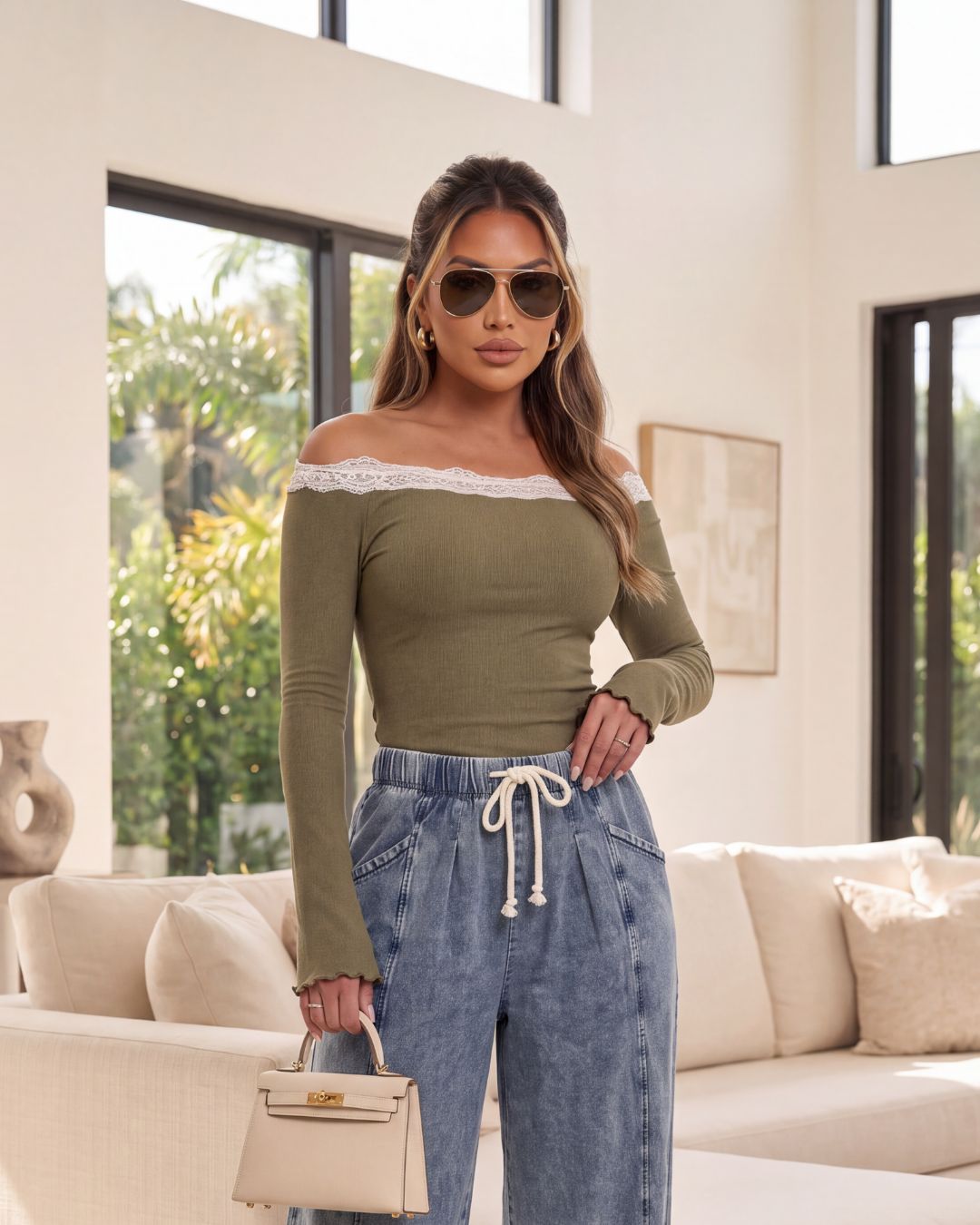 LIA LACE TRIM OFF SHOULDER TOP
