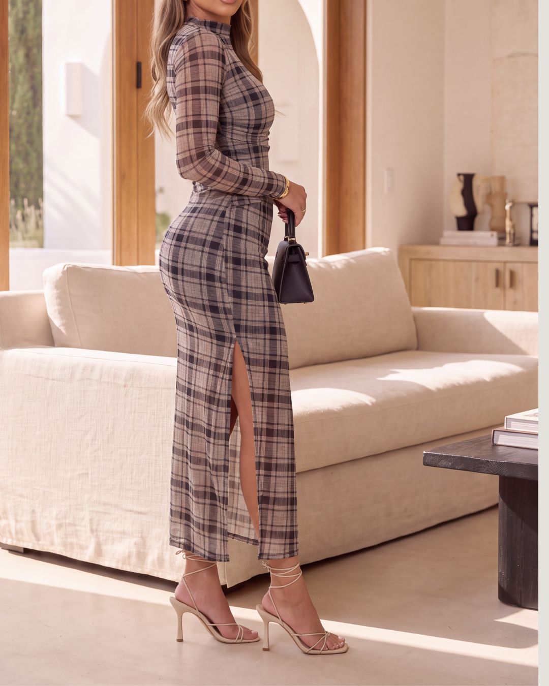 LUNA PLAID MESH MIDI DRESS-SHIPS 9/25