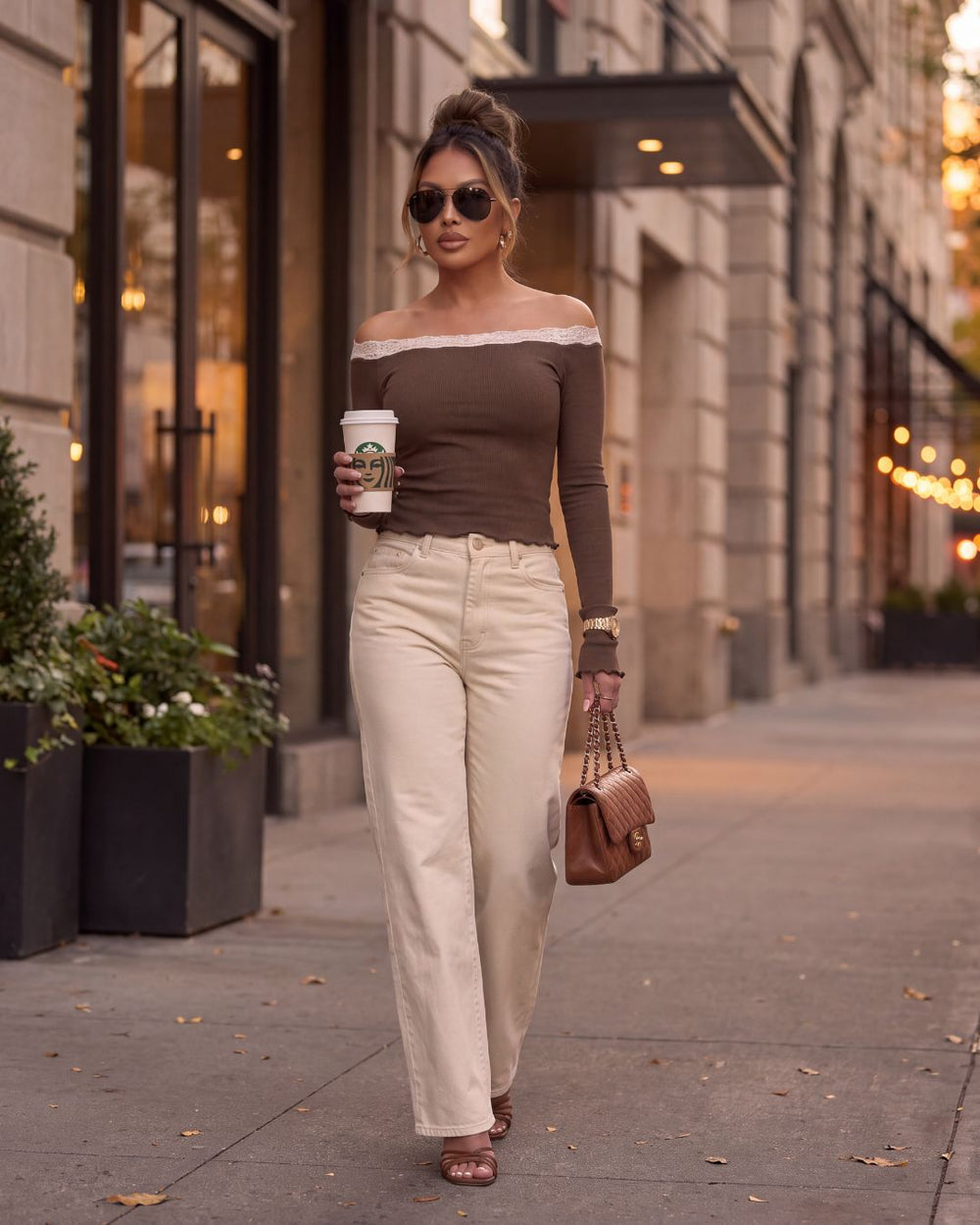 LIA LACE TRIM OFF SHOULDER TOP-BROWN