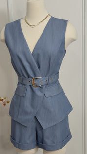 CHIC DATE BELTED VEST & SHORTS SET