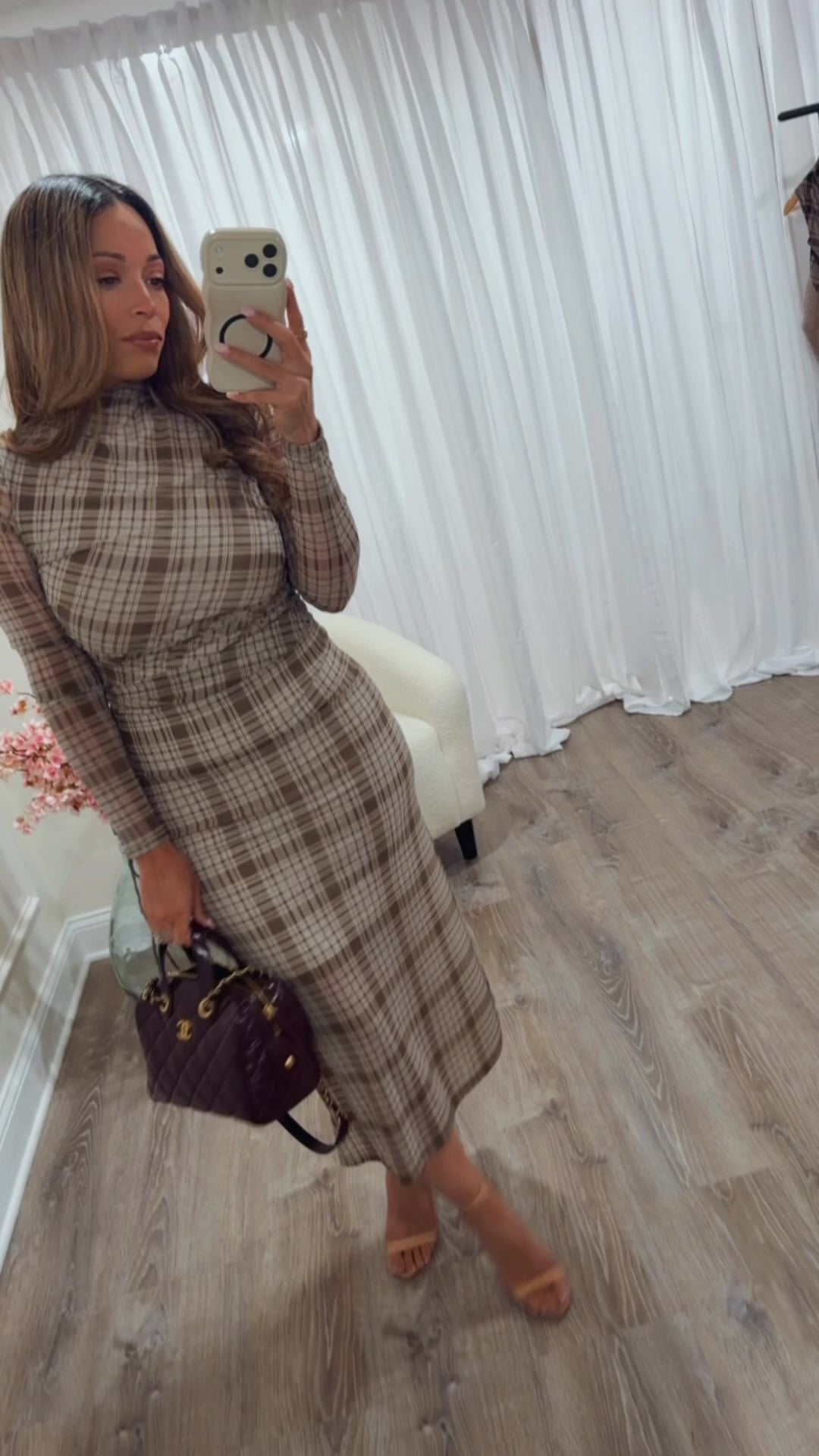 LUNA PLAID MESH MIDI DRESS